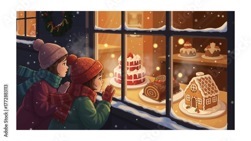 Dreamy Winter Bakery: Two young girls, bundled in winter attire, gaze longingly into a warmly lit bakery window, their eyes alight with the magic of holiday treats. 