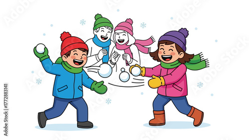 Winter Fun Snowball Fight: joyful children frolic in the winter wonderland, Engaging in a spirited snowball fight, their laughter and energy fill the crisp air, as snowflakes gently fall around them.