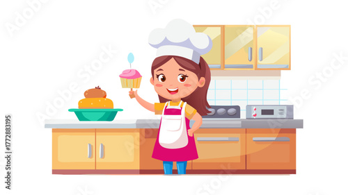 A 3D cartoon girl chef wearing a small hat and apron, happily decorating a cupcake with frosting, bright kitchen background, warm atmosphere