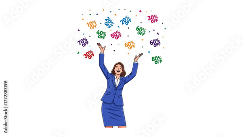 Sale Season Celebration: A cheerful businesswoman celebrates with a confetti shower of discount tags, her arms outstretched, her smile radiating pure elation
