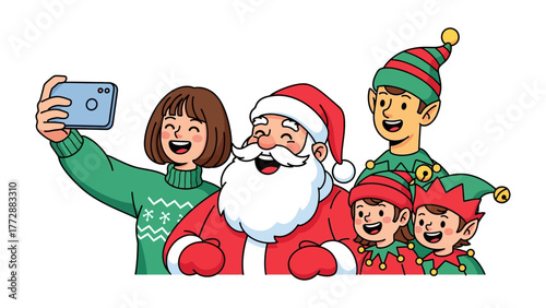 Holiday Selfie with Santa: Capture a joyful moment of a group of people including a festive santa claus taking a selfie, creating a festive scene full of happiness and the holiday spirit.