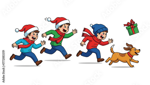 Joyful Chasing: A cheerful illustration of three kids joyfully chasing a dog in festive attire with a gift, capturing the fun of a holiday celebration.