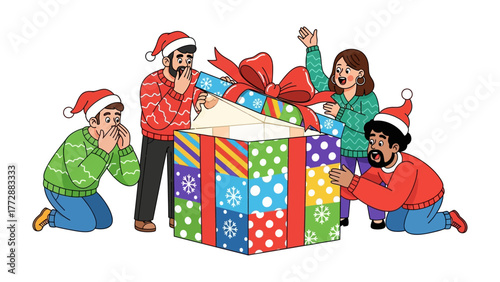 Holiday Gift Revelation: A group of friends huddle around an extra large gift box, their faces alight with anticipation as they prepare to unveil the surprise inside.