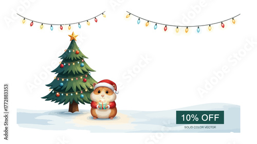 Holiday cheer featuring Festive rodent: An adorable, festive rodent wearing a Santa hat holds gifts by a decorated Christmas tree with cheerful lights in a cozy snow scene.