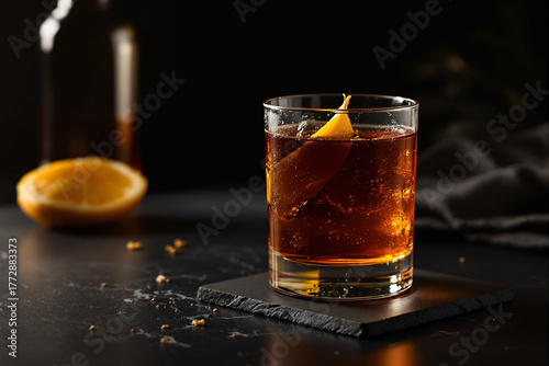Moody amber cocktail in a dimly lit, minimalist bar scene