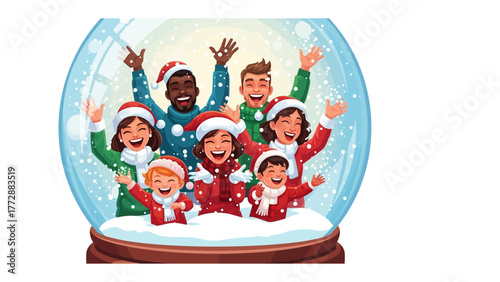 Joyful Winter Celebration: A vibrant illustration depicts a diverse group of people joyfully celebrating the winter season, a sense of unity and togetherness within a charming snow globe.