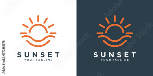Sun logo design with sun rays and waves