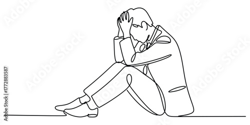 Continuous line drawing of a person sitting with head in hands looking distressed vector
