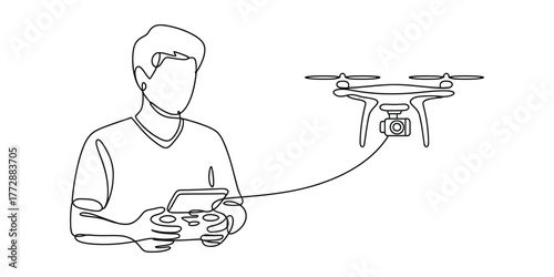 Minimalist continuous line drawing of a person controlling a drone with a remote vector