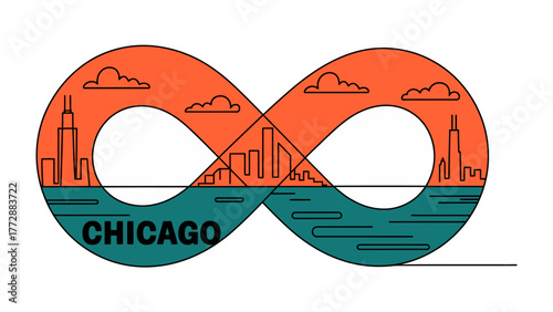 Chicago's Infinite Horizons: An abstract illustration merges the skyline and cityscape into an infinity symbol, a visual representation of the city's limitless potential and endless possibilities.
