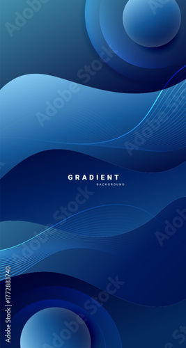 Vertical abstract background in blue tones with soft wave lines and floating 3D spheres