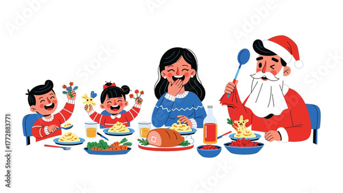 Festive Family Feast: A joyous illustration of a family, with a touch of a festive man, sharing a delightful holiday dinner, filled with laughter and togetherness, celebrating with food