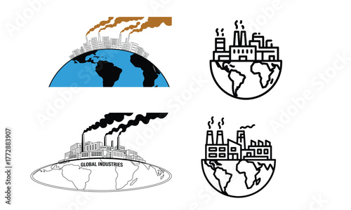 Industrial pollution concept with factories on earth emitting smoke representing global warming and climate change
