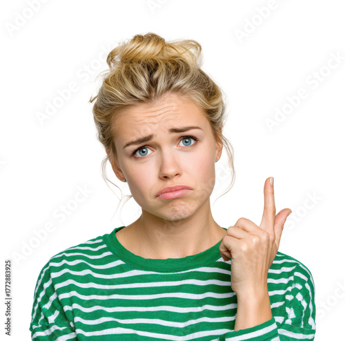 Confused woman expressing doubt in emotional portrait isolated on transparent background