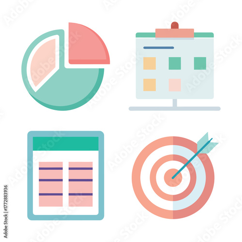 Flat Vector Icons Business Calendar Pie Chart Spreadsheet Target Minimal Style