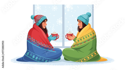 Cozy Winter Moment: Two individuals, wrapped in warm blankets, share mugs of hot cocoa, creating a scene of comforting serenity during a snowy day.