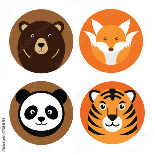 Circular Animal Face Vector Icons Bear Fox Panda Tiger Modern Style