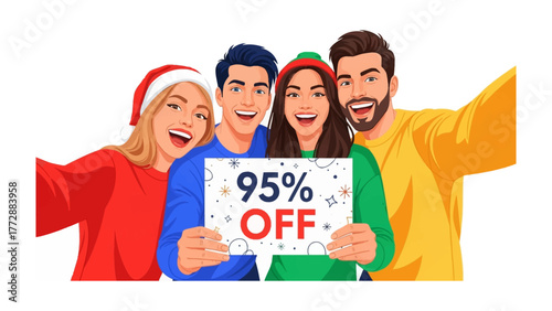 Holiday Discount with Friends: A festive group of friends gathers joyfully to showcase a 95% off promotion, embodying the spirit of celebration and savings during the holiday season.