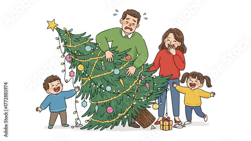 Christmas Tree Mishap: A family grapples with a tilting Christmas tree, moments of holiday cheer and shared laughter. A humorous scene, decorated Christmas tree, adding to the holiday memories.