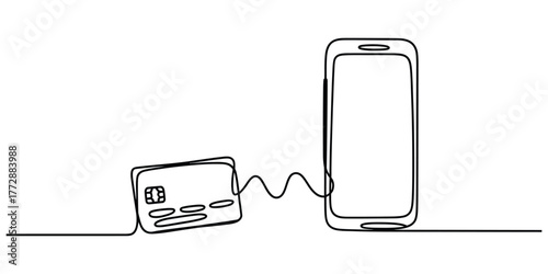 Continuous line drawing of a credit card connected to a smartphone mobile payment concept vector