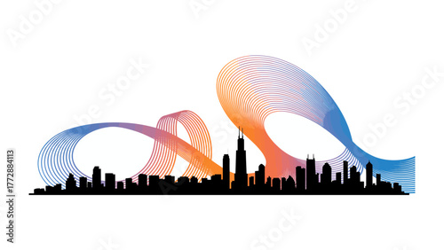 Abstract City Silhouette with Dynamic Streamers: A captivating city skyline silhouette intertwines with vibrant, flowing ribbons, evoking a sense of urban energy and dynamism.