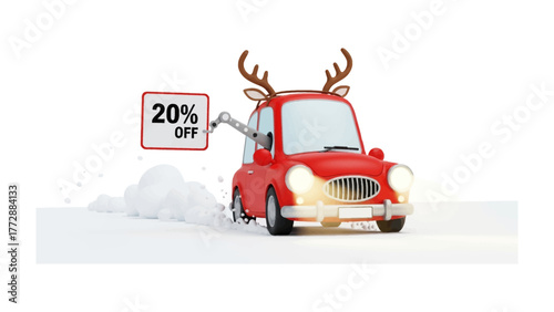Holiday Deal in Motion: A whimsical red car, adorned with reindeer antlers, is seen delivering a 20% off sign amidst a snowy landscape, heralding holiday savings and festive cheer.