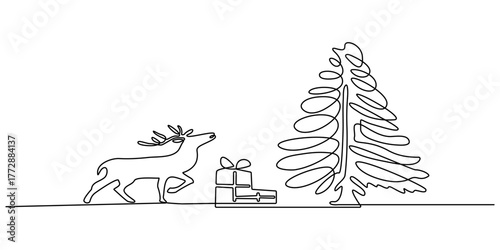 One continuous line drawing of Christmas greeting card. Festive candle with snowflake and christmas tree toy for winter xmas holiday concept in simple linear style. Doodle vector illustration