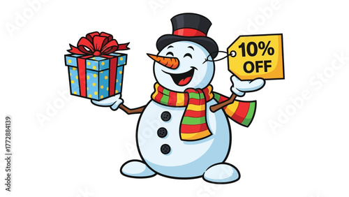 Festive Snowman: A jovial snowman, adorned with a cozy scarf and top hat, gleefully holds a gift box and a 10% Off sign, embodying the spirit of celebration and savings.