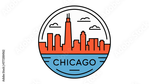 Chicago Skyline: A stylized illustration presents a vibrant skyline of a renowned city, showcasing architectural marvels and iconic landmarks, all encapsulated within a circular design.