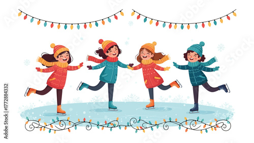 Joyful Ice Skating: Four friends, bundled in colorful winter attire, glide gracefully across a snowy ice rink. The scene captures the sheer delight of winter fun.
