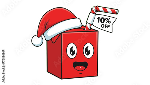 Festive Drink Delight: A cheerful red carton of juice, adorned with a Santa hat, holds a straw with a 10% OFF flag, creating a merry and inviting visual that celebrates the holiday spirit.