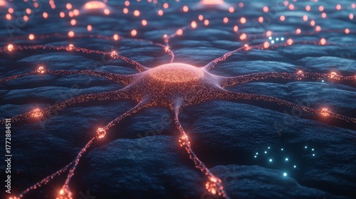 Close-up view of a glowing neuron network representing connections in the human brain and nervous system