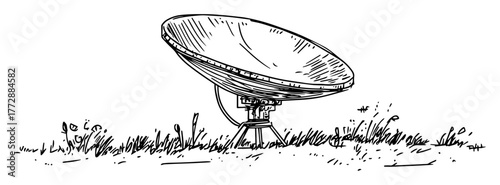 hand-drawn vector illustration of satellite dish antenna on grass in outline sketch style