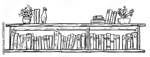 monochrome hand-drawn vector sketch of bookshelf with books and small decor