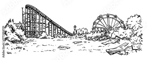 monochrome hand-drawn vector sketch of abandoned amusement park with rollercoaster and ferris wheel