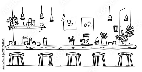 hand-drawn vector illustration of modern coffee bar interior with stools and shelves