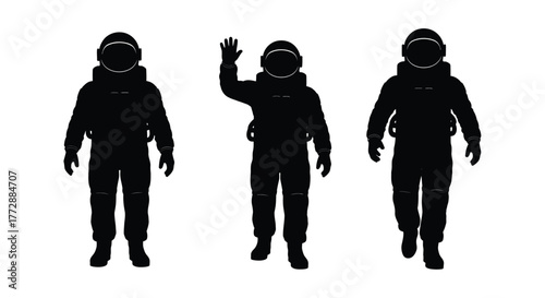 Three black silhouettes of astronauts in space suits standing together