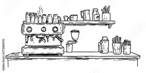 hand-drawn vector illustration of espresso coffee machine and cups on café counter