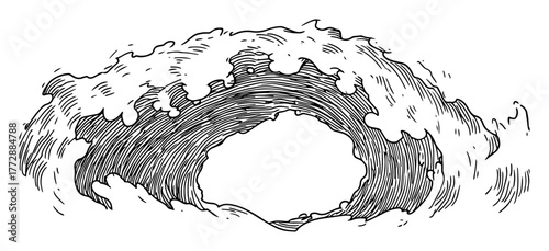 hand-drawn vector illustration of massive ocean wave forming a hollow tube