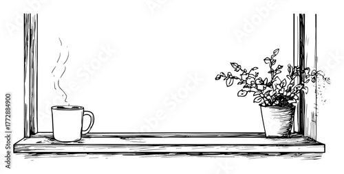 hand-drawn vector illustration of coffee cup and potted plant on window sill