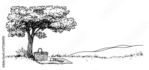 monochrome hand-drawn vector sketch of picnic scene under a tree in open field