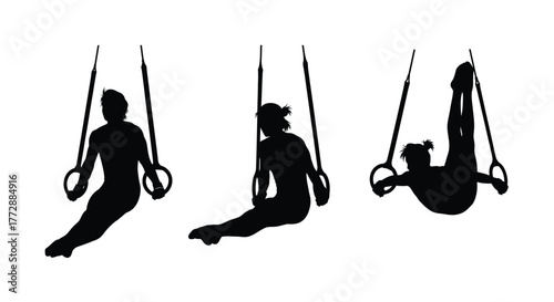 Gymnastics ring sequence depicting progression from support to dismount poses