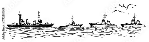hand-drawn vector illustration of military navy ships at sea in minimal outline style