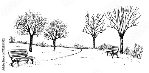 hand-drawn vector illustration of park path with benches and leafless trees in outline style