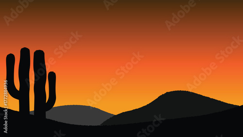 Sunset and cactus. Sunset with mountains in the background. Silhouette of cactus