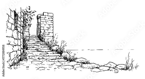 hand-drawn vector illustration of old stone staircase leading to water in monochrome outline style