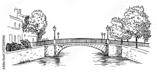 monochrome hand-drawn vector sketch of urban bridge over river with trees and buildings