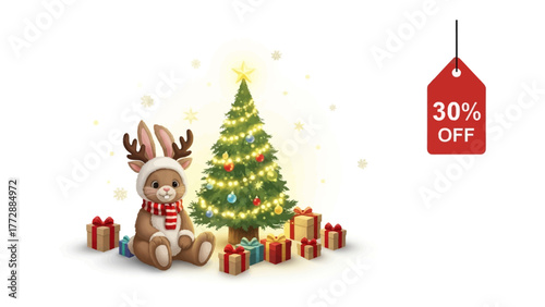 Christmas Sale: A cheerful scene with a decorated Christmas tree, festive gifts, and a charming bunny-bear wearing a winter outfit. A red sale tag indicates a tempting discount for holiday shoppers.