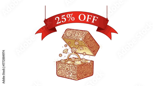 Special Ring Deal: A sparkling ring is presented in a charming gift box, with a banner above it proclaiming a generous discount, creating an irresistible proposal.