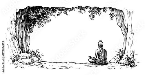 monochrome hand-drawn vector sketch of meditating figure inside forest cave